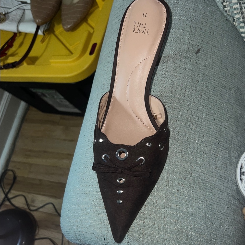 Time and Tru Dark Brown Pointed-Toe Slip-On Mule with Grommet Accents